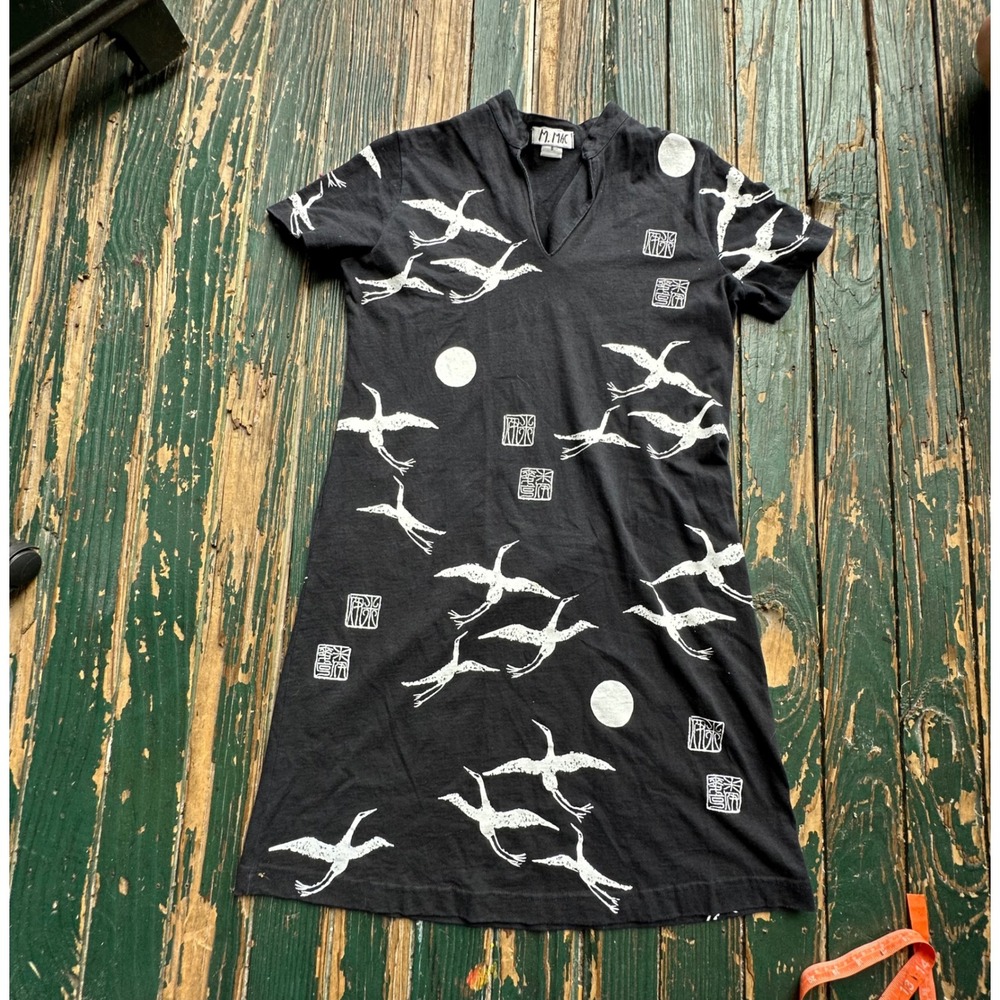M. MAC Black Crane Moon Asian Print V-Neck Cotton T-Shirt Dress Small